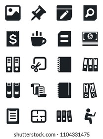 Set of vector isolated black icon - contract vector, book, office binder, document search, notepad, coffee, receipt, clipboard, gallery, notes, cut, copybook, drawing pin, paper, plan, cash