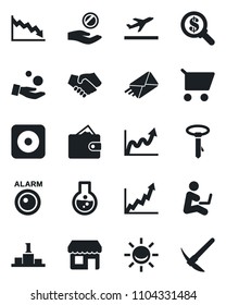 Set of vector isolated black icon - departure vector, rec button, alarm led, handshake, wallet, growth graph, crisis, money search, investment, cart, flask, mail, pedestal, man with notebook, tie