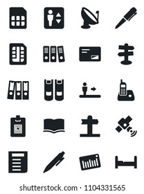 Set of vector isolated black icon - elevator vector, escalator, book, pen, document, signpost, barcode, satellite antenna, radio phone, mail, sim, identity card, paper binder, bedroom