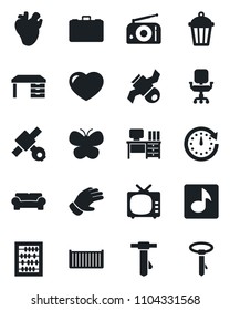 Set of vector isolated black icon - case vector, abacus, desk, tie, glove, butterfly, garden light, real heart, satellite, cargo container, radio, tv, music, office chair, cushioned furniture, clock