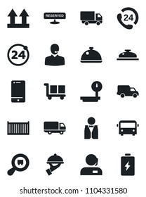 Set of vector isolated black icon - airport bus vector, 24 around, hours, cargo container, car delivery, up side sign, heavy scales, search, cell phone, support, waiter, dish, reserved, reception