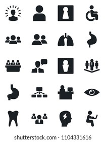 Set of vector isolated black icon - male vector, female, team, brainstorm, meeting, manager place, disabled, stomach, lungs, tooth, eye, speaker, group, user, company, shining head, hierarchy