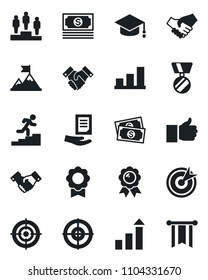 Set of vector isolated black icon - handshake vector, growth statistic, pedestal, medal, graduate, document, cash, finger up, sertificate, bar graph, target, career ladder, motivation, pennon