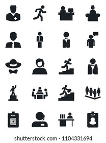 Set of vector isolated black icon - reception vector, manager, speaking man, pedestal, team, place, run, doctor, support, identity card, desk, meeting, career ladder, estate agent, waiter, pass