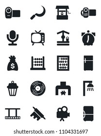 Set of vector isolated black icon - abacus vector, money bag, well, sickle, film frame, vinyl, tv, video camera, microphone, alarm, fireplace, rolling pin, outdoor lamp, fridge