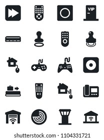 Set of vector isolated black icon - airport tower vector, baggage conveyor, stamp, radar, gamepad, remote control, fast forward, rec button, record, air conditioner, vip zone, home, intercome