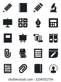 Set of vector isolated black icon - contract vector, book, calculator, abacus, notepad, presentation board, pencil, microscope, notes, copybook, paper clip, ink pen, shining head