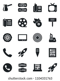 Set of vector isolated black icon - phone vector, abacus, stamp, plant label, reel, vinyl, flame disk, tv, radio, call, office, open close, turkish coffee, rocket
