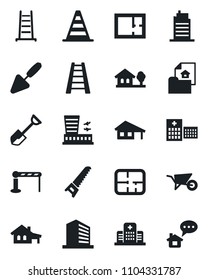 Set of vector isolated black icon - barrier vector, border cone, airport building, office, trowel, shovel, ladder, wheelbarrow, saw, hospital, house with garage, tree, plan, estate document, city