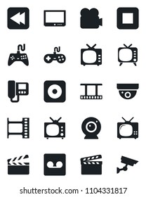 Set of vector isolated black icon - clapboard vector, film frame, tv, gamepad, video camera, stop button, rewind, rec, record, web, intercome, surveillance