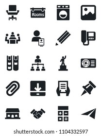 Set of vector isolated black icon - hierarchy vector, pedestal, calculator, document, patient, gallery, download, drawing pin, paper clip, office chair, meeting, pencil, handshake, book, rooms