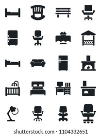 Set of vector isolated black icon - bed vector, office chair, desk, bench, fireplace, lamp, bedroom, children room, cushioned furniture, restaurant table, alcove, fridge