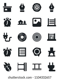 Set of vector isolated black icon - alarm clock vector, abacus, stamp, fireplace, film frame, vinyl, flame disk, gallery, ink pen, house with tree, power plug