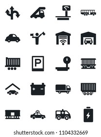 Set of vector isolated black icon - dispatcher vector, airport bus, parking, alarm car, ladder, ambulance, route, railroad, truck trailer, delivery, heavy scales, garage, gate control, battery