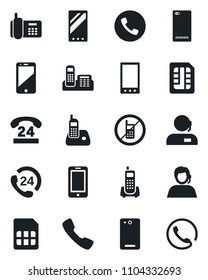 Set of vector isolated black icon - phone vector, no mobile, office, 24 hours, support, cell, radio, back, call, sim