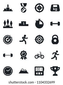 Set of vector isolated black icon - pedestal vector, medal, barbell, bike, run, heavy, stopwatch, clock, target, mountains, award cup
