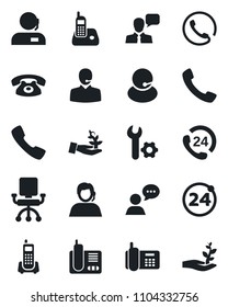 Set of vector isolated black icon - 24 around vector, office phone, hours, support, speaker, radio, call, root setup, palm sproute, chair