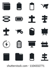Set of vector isolated black icon - signpost vector, notepad, presentation board, wheelbarrow, battery, low, folder, charge, blank box, plates, guidepost