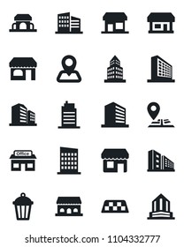 Set of vector isolated black icon - taxi vector, shop, office building, garden light, navigation, store, city house, cafe, storefront