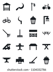 Set of vector isolated black icon - ladder car vector, rake, sickle, garden light, picnic table, bike, restaurant, alcove, outdoor lamp