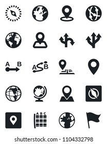 Set of vector isolated black icon - globe vector, seat map, route, navigation, earth, pin, network, place tag, compass, flag