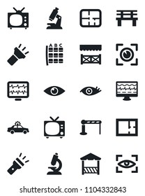 Set of vector isolated black icon - barrier vector, tv, alarm car, seat map, bench, monitor pulse, microscope, eye, torch, plan, alcove, scan