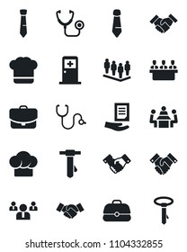 Set of vector isolated black icon - medical room vector, handshake, team, tie, document, stethoscope, meeting, cook hat, case