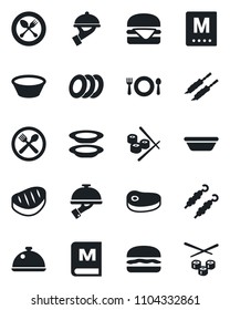Set of vector isolated black icon - spoon and fork vector, dish, cafe, menu, plates, waiter, steak, kebab, hamburger, bowl, sushi