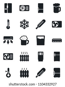 Set of vector isolated black icon - thermometer vector, heater, air conditioner, fridge, drink, beer, snowflake