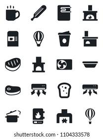 Set of vector isolated black icon - coffee machine vector, fireplace, thermometer, air conditioner, bread, steak, bowl, steaming pan, water heater, balloon