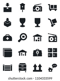 Set of vector isolated black icon - checkroom vector, bird house, doctor case, container, fragile, cargo, up side sign, warehouse, package, search, radio, blank box, archive, home message