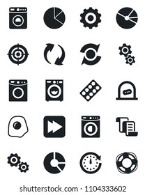 Set of vector isolated black icon - ticket office vector, washer, gear, contract, circle chart, pills blister, fast forward, update, pie graph, target, omelette, clock, crisis management