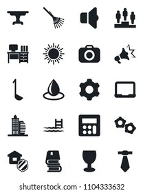 Set of vector isolated black icon - sun vector, gear, pedestal, desk, notebook pc, rake, water drop, fragile, camera, settings, calculator, book, pool, office building, table, estate insurance, tie