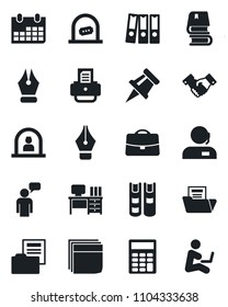 Set of vector isolated black icon - reception vector, ticket office, handshake, speaking man, desk, calendar, printer, case, drawing pin, document folder, calculator, ink pen, blank box, support