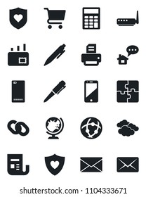 Set of vector isolated black icon - globe vector, clouds, mail, pen, printer, heart shield, news, cell phone, chain, back, network, application, calculator, router, home message, cart