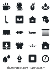 Set of vector isolated black icon - plane vector, book, mouse, coffee, butterfly, house, eye, stop button, record, download, ink pen, sweet home, ladle, water, jalousie, clock