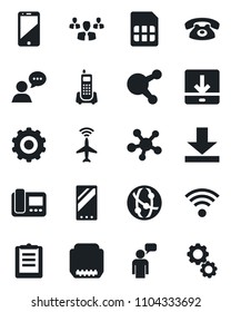 Set of vector isolated black icon - plane radar vector, speaking man, gear, office phone, clipboard, network, cell, speaker, share, hdmi, mobile, sim, download, wireless, intercome, group