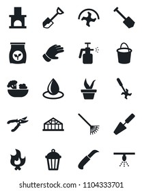 Set of vector isolated black icon - job vector, trowel, shovel, ripper, rake, seedling, bucket, pruner, glove, fire, water drop, garden knife, light, fireplace, greenhouse, sprayer, fertilizer