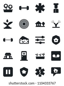 Set of vector isolated black icon - medical room vector, seedling, ambulance star, barbell, vinyl, pause button, tuning, record, house with tree, flower in pot, estate insurance, cook, cafe building