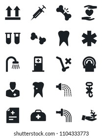 Set of vector isolated black icon - medical room vector, watering, doctor case, diagnosis, syringe, blood test vial, tomography, ambulance star, heart hand, tooth, caries, broken bone, up side sign