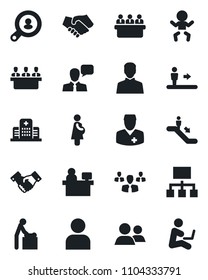 Set of vector isolated black icon - escalator vector, baby, room, handshake, meeting, manager place, hospital, doctor, pregnancy, speaker, group, user, client search, hierarchy, man with notebook