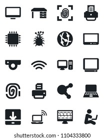 Set of vector isolated black icon - wireless notebook vector, desk, pc, printer, monitor pulse, virus, tv, network, share, download, chip, fingerprint, web camera, man with