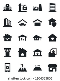 Set of vector isolated black icon - airport tower vector, office building, house, hospital, warehouse storage, with garage, estate document, sweet home, city, crane, factory, eco, control app, gate