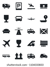 Set of vector isolated black icon - runway vector, arrival, airport bus, parking, waiting area, ladder car, plane, ambulance, truck trailer, container, fragile, up side sign, heavy scales, railroad