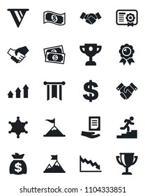 Set of vector isolated black icon - handshake vector, dollar sign, medal, money bag, document, cash, career ladder, police, arrow up graph, motivation, pennon, crisis, certificate, award cup
