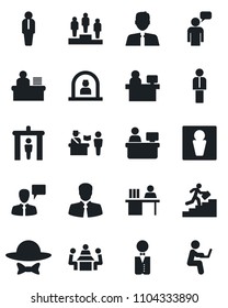 Set of vector isolated black icon - passport control vector, security gate, male, reception, manager, speaking man, pedestal, place, client, desk, meeting, career ladder, estate agent, waiter