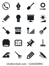 Set of vector isolated black icon - ladder car vector, drawing pin, bulb, job, pencil, garden fork, shovel, rake, well, hdmi, brightness, cellular signal, presentation board, ink pen, plan, phone