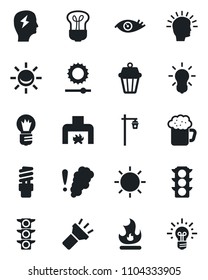 Set of vector isolated black icon - brainstorm vector, bulb, fire, sun, garden light, eye, traffic, torch, brightness, fireplace, beer, smoke detector, energy saving, outdoor lamp, alarm led, idea