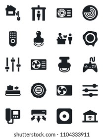 Set of vector isolated black icon - baggage conveyor vector, passport control, security gate, radar, stamp, gamepad, rec button, tuning, air conditioner, home, remote, intercome, garage