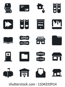 Set of vector isolated black icon - shop vector, medical room, book, store, mail, fast forward, scanner, folder, mailbox, open close, home control, garage gate, storefront
